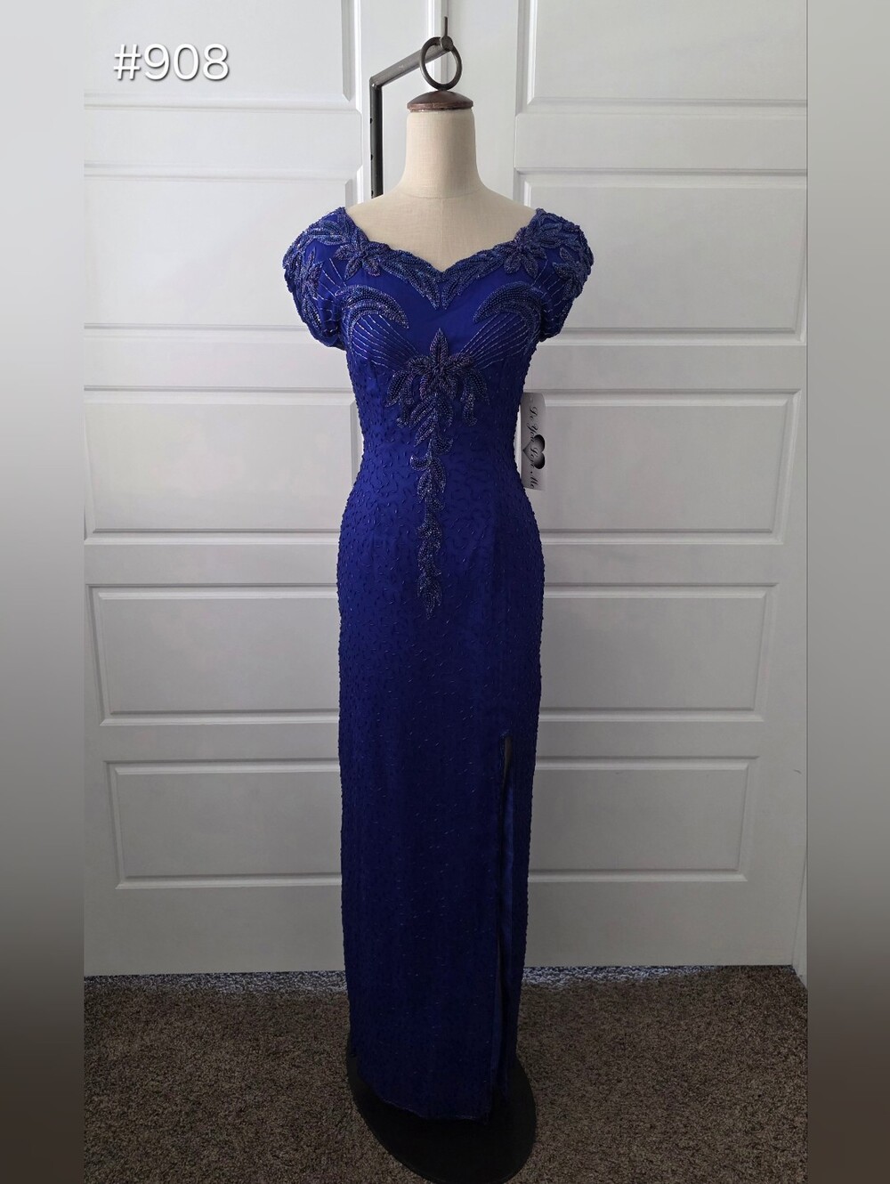 Royal Blue Beaded Vintage Column Evening Gown with Cap Sleeves